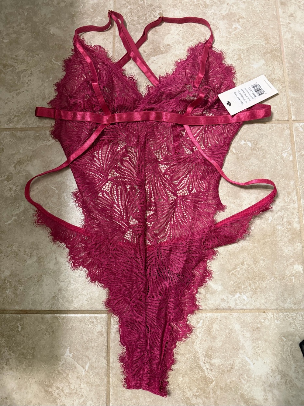 Sexy sheer Lace Strappy Teddy Bodysuit in Berry